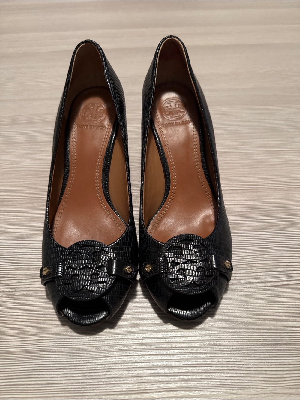 Tory Burch Black Peep-Toe Logo Wedge Pumps